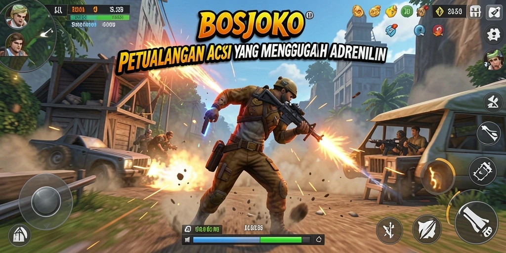 Screenshot menunjukkan pertempuran seru dalam game BOSJOKO.