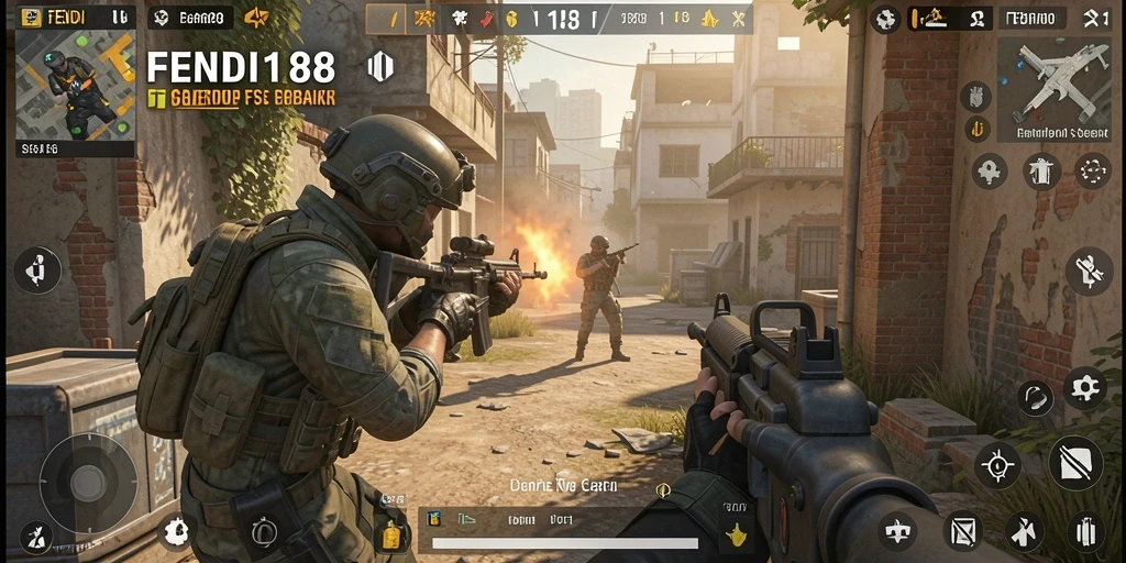 Screenshot utama FENDI188 yang menunjukkan pertempuran intens dalam game FPS.